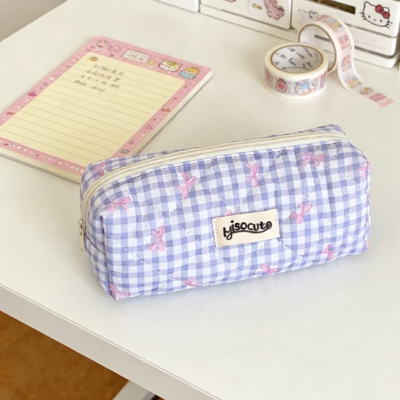 Cute Gingham Bow Quilted Pencil Pouch - Portable Student Stationery Bag for Back to School, Multi-Color Options