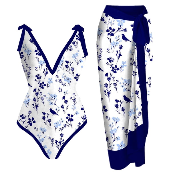 Gibobby Trajes de Natación para Mujer Traje de baño para mujer con vestido cruzado de bikini Traje de baño de 2 piezas con estampado floral Conjunto de t(Blanco,XL)
