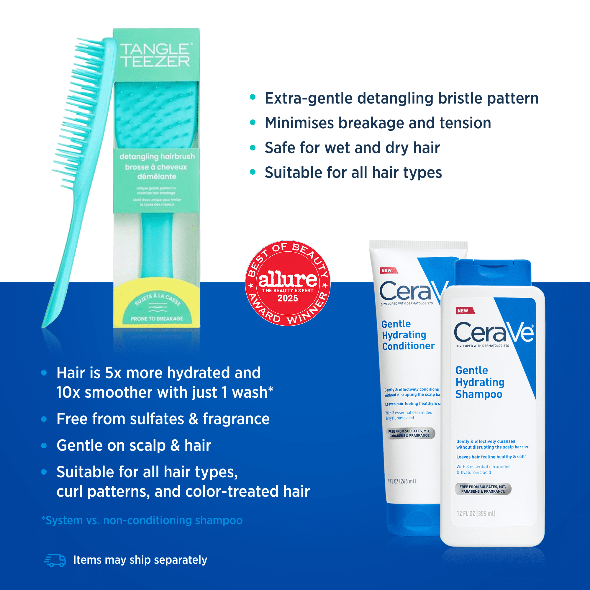 CeraVe Gentle Hydrating Shampoo and Conditioner Set with Tangle Teezer The Essential Detangler Brush