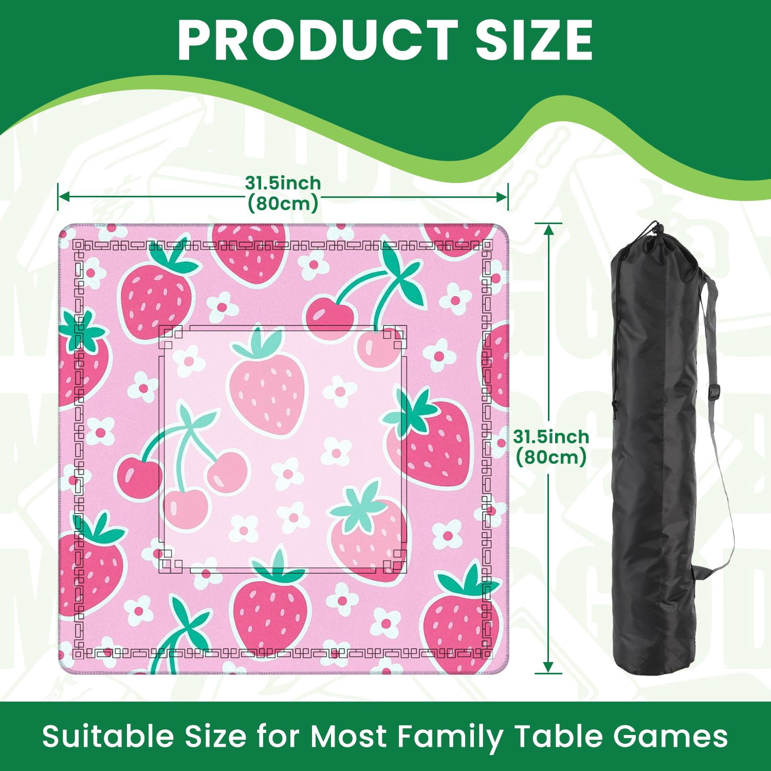 Mahjong Mat 31.5" x 31.5" Cute Pink Strawberry Cherry White Flowers Pink Non-Slip Noise Reduction American Mahjong Tiles Table Cover for Dominoes Poker Card Board Games Gift