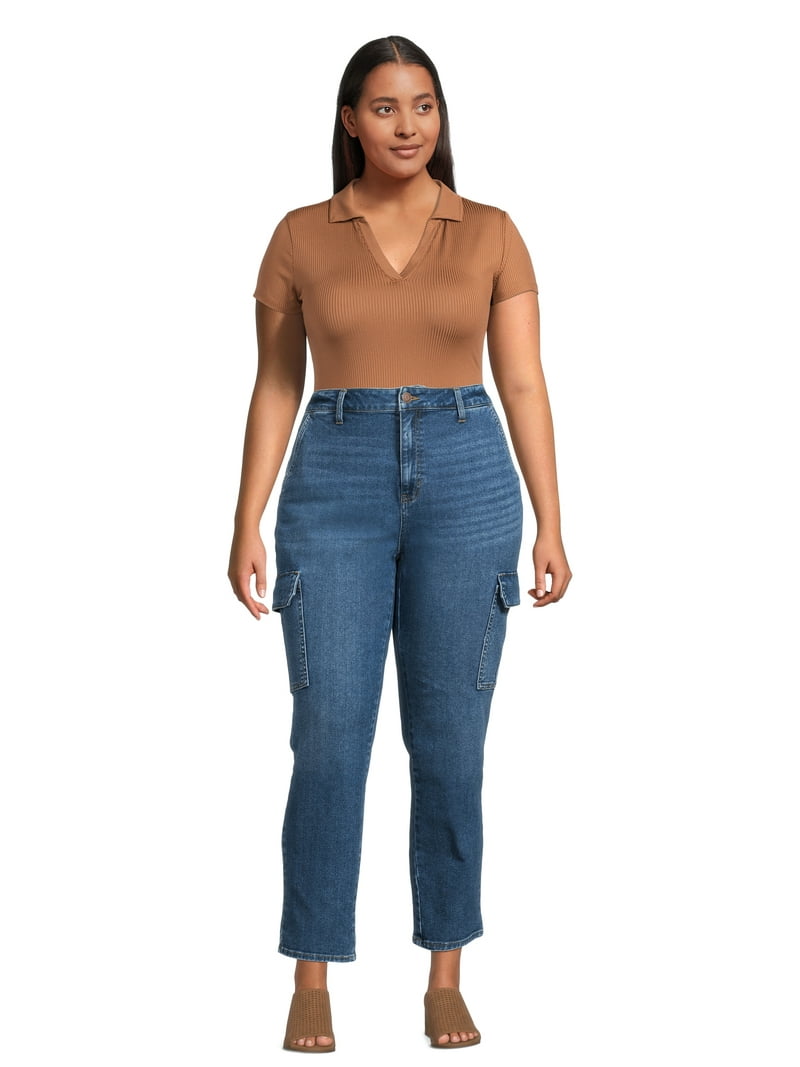 Terra & Sky Women's Plus Size High Rise Cargo Jeans, Stretch