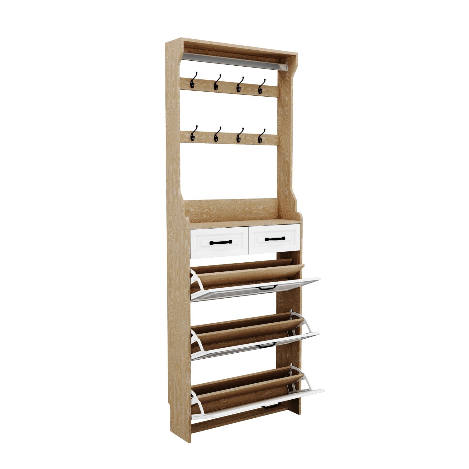 Shoe Cabinet with 3 Flip Doors, 2 Drawers & Hanging Rack, Narrow Entryway Shoe Storage Organizer for Hallway, White+Oak