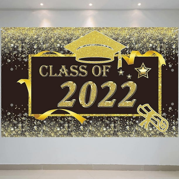 Class Of 2022 Decorations Congratulations Graduate 2022 Banner - Congrats Grad Backdrop for Celebrate Graduation Party, 70.9x43.4 inch, Black and Gold