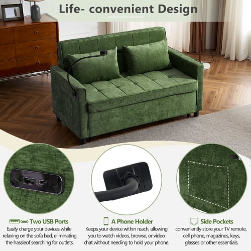 56.9" Loveseat Pull-Out Sofa Bed, Convertible Sleeper Sofa with Reversible Backrest, USB Ports & Phone Holder, Chenille Couch for Living Room, Green