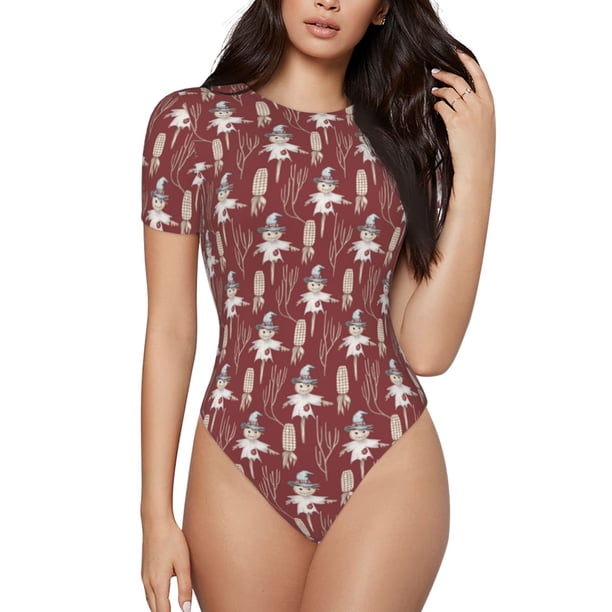 Balery Autumn Scarecrow Harvest Joy Body de cuello redondo de manga corta para mujer Tops de manga corta Tops básicos-Small