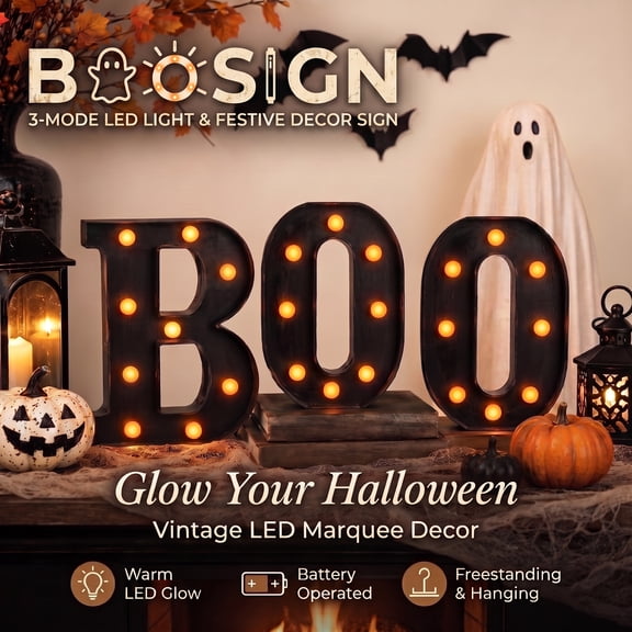 Halloween Decorations Indoor Boo Sign 3 LED Light Up Letters Halloween Decor Wooden Lighted Marquee Letters Vintage Tabletop Holiday Home Mantel Fireplace Shelf