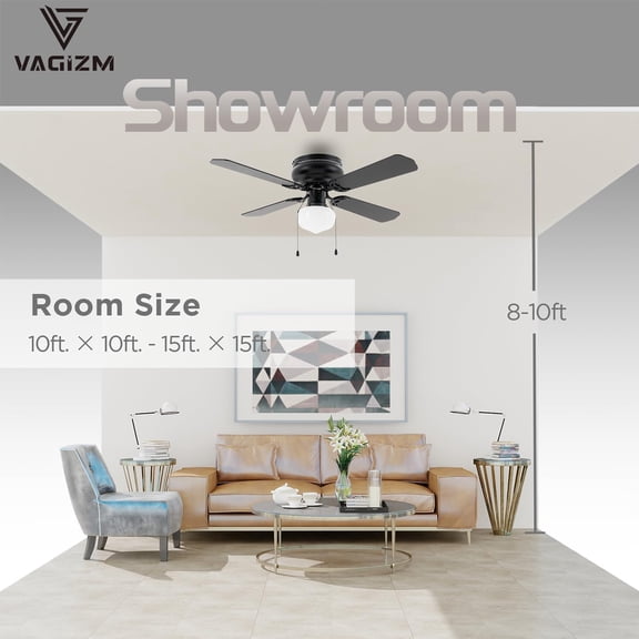 42 Inch Ceiling Fan Traditional Flush Mount with LED Light Pull Chain Control Dual Blades Reversible for Bedroom Home Office Matte Black