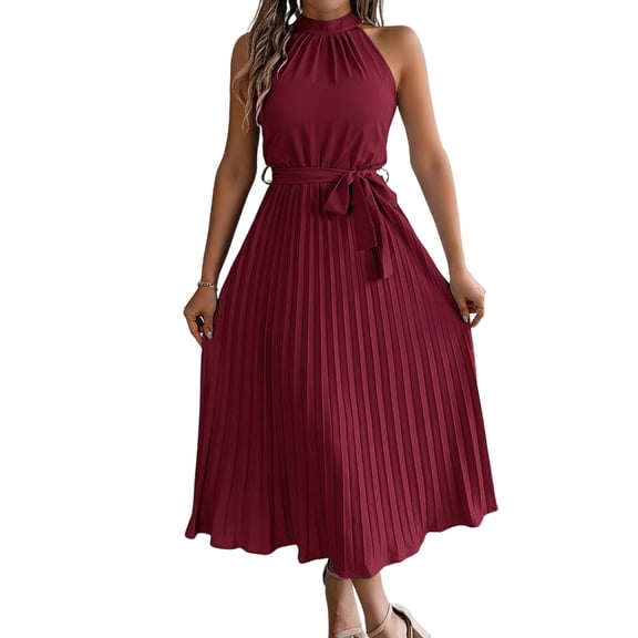 Aellinatey Sleeveless dress, casual round neck, pleated A-line swing long party dress