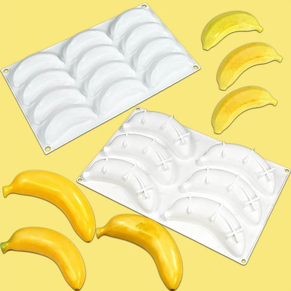 CoreLiving 3D Banana Shape Silicone Molds for Baking Mousse Cake, Fruit Silicone Molds for Candy Pastry Chocolate Truffle Cupcake Jelly Cookie Pudding, 12-Cavity