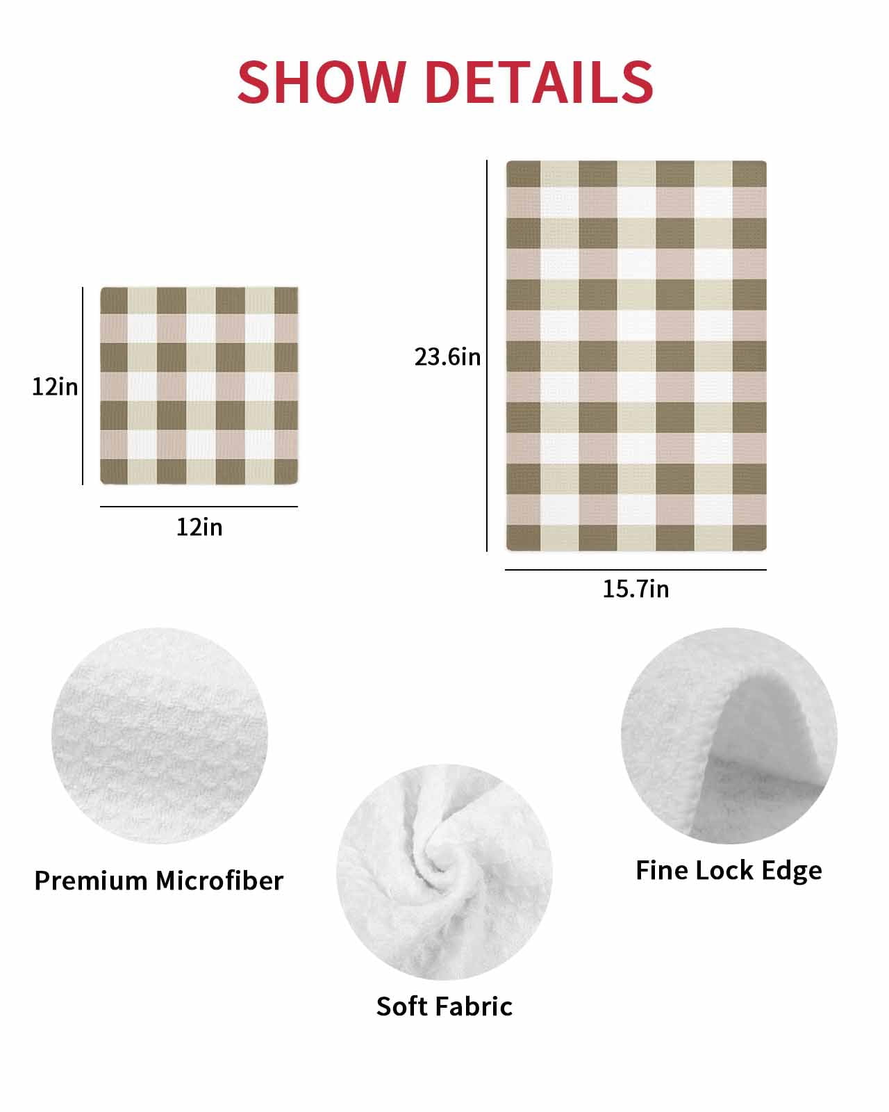 Brown Plaid Kitchen Dish Towels for Drying Dishes Set of 3, Spring Summer Farmhouse Buffalo Checkered Waffle Weave Microfiber Hand Tea Bathroom Towels Quick Dry & Absorbent Towel 12x12
