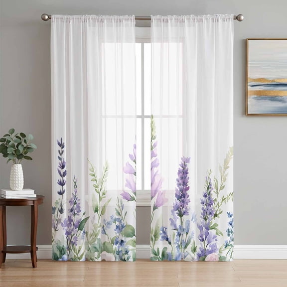Lavender Leaf Sheer Curtains 72 Inch Length 2 Panels Set, Garden Flora Illustrations Watercolor White Voile Window Treatment Curtains Sheers Drapes for Bedroom/Living Room/Kitchen 52"x72"x2