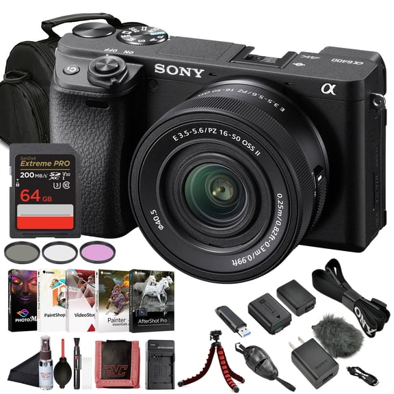 Sony Alpha a6400 Mirrorless Camera with 16-50mm Power Zoom Lens (ILCE-6400L/B), 24.2MP, 4K Video, 64GB Card and NP-FW50 Battery