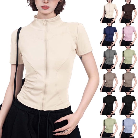 Women’s Short Sleeve Zip Up Athletic Top Slim Fit High Neck Stretchy Workout Shirt Casual Activewear for Gym Running Yoga White M