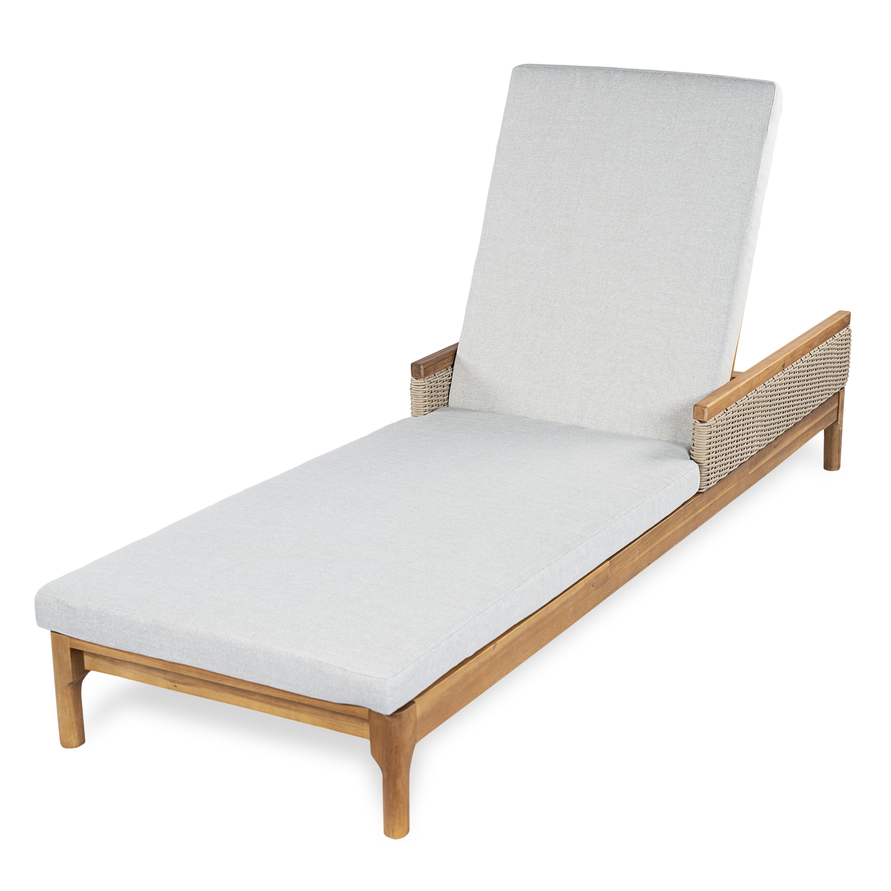 Sun Lounger, Solid Acacia Wood Outdoor Recliner with Grey Cushions and Light Grey Wicker for Garden Deck, Natural and Light Grey