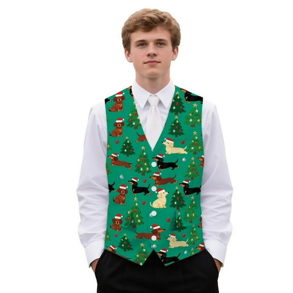 Yuyamidu Cute Dachshund Mens Suit Vest Xmas Tree Business Formal Dress Vests for Men Size M Christmas Casual Wedding Tuxedo Party Waistcoat, Green