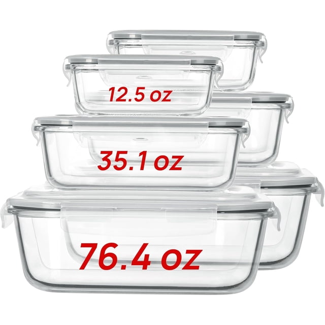 2.26L/76oz Extra Large Glass Food Storage Containers with Lids, 6 pack Meal Prep Container Set, Airtight Lunch Boxes with Snap Locking Lids for Microwave, Oven, Freezer, Dishwasher