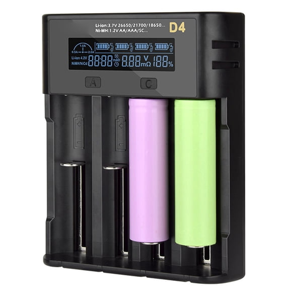 Xirurus D4 LCD Lithium Battery Charger 4 Slot Smart Charger for 21700 26650 18650 AA AAA Nimh Batteries with Multiple Safety Conservation and USB Port
