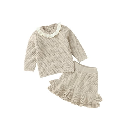 

Kiapeise Toddler Baby Girl Knitted Skirt Outfit Ruffle Long Sleeve Sweater Top and Knitwear Mini Skirt Fall Winter Clothes Set