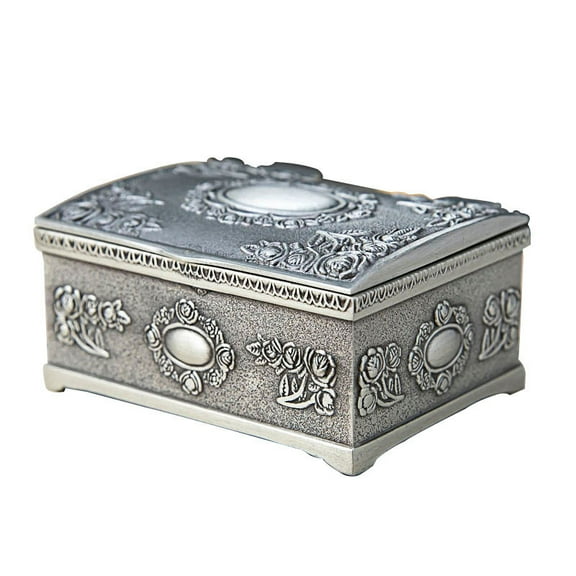 Vintage Treasure Chests Shape Tin Jewelry Ring Box Gift Case Antique Silver Engraved Storage Organizer