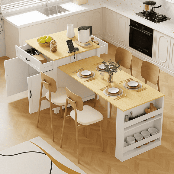 K&K 82.7 inch Kitchen Island with Extendable Dining Table for 4-6 Person,Two-tone Kitchen Table with Double-sized Storage, Power Outlet, Kitchen island with Storage 2 Drawers 2 Side Open Shelves