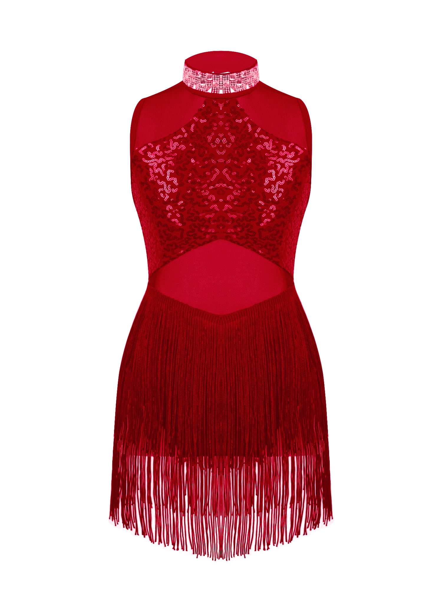 YiZYiF Kids Girls Sequins Rhinestones Latin Jazz Dance Dress Mesh