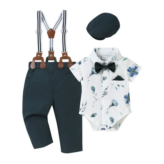 Baby Boy Clothes Suits 3-24 Months Floral Wedding Formal Outfits Romper Suspender Pants Bowtie Hat