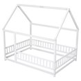thumbnail image 6 of Full Size Floor Bed for Children, Wooden House Bed Playpen Playhouse Bed Montessori Floor Bed Frame with House Roof Frame & Fence for Girls Boys, No Box Spring Needed, 79.5”L x 60.0”W x 73.8”H, White, 6 of 7