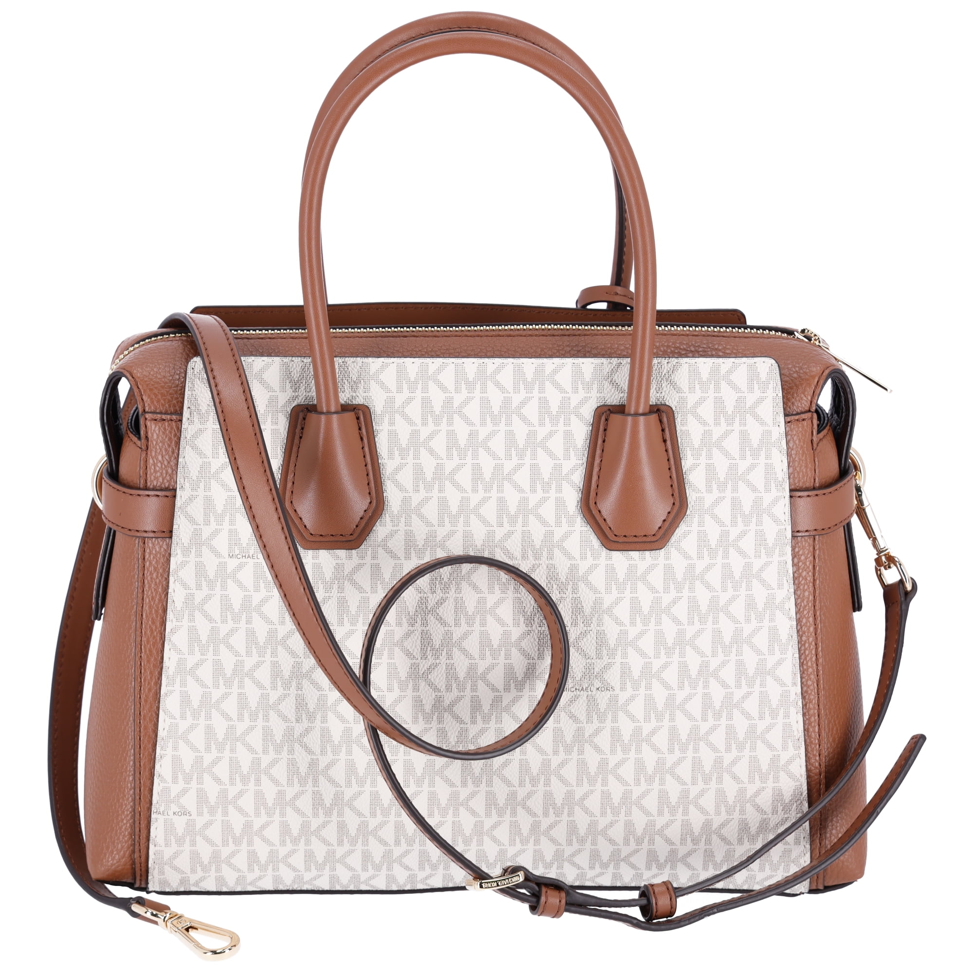 Michael Kors Womens Mercer Medium Logo and Leather Belted Satchel