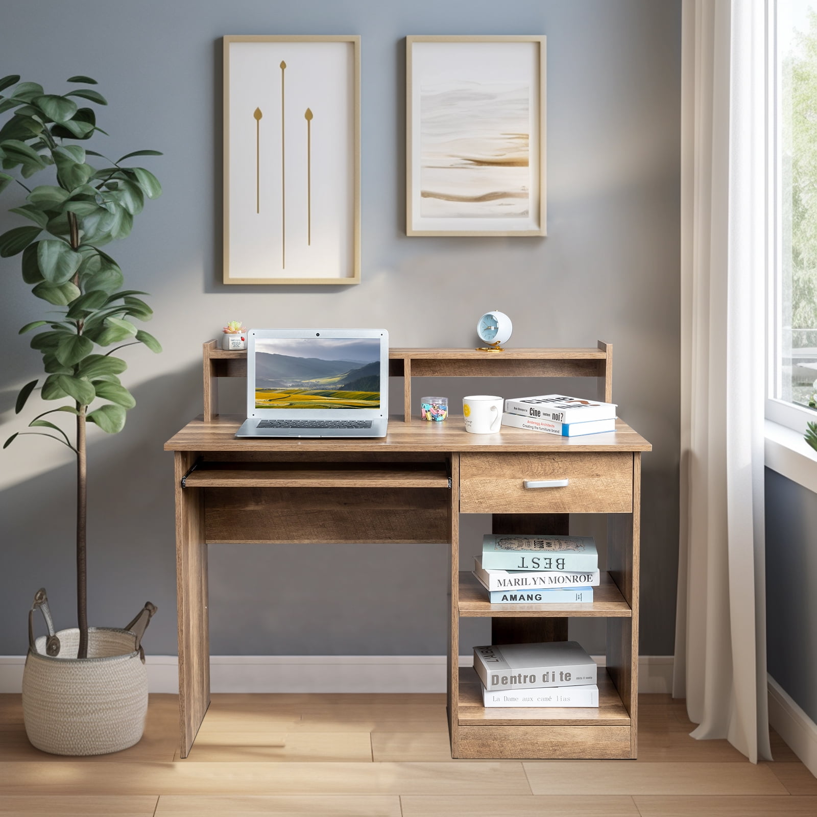 Ktaxon Gaming Desk with Keybroad Tray&Drawers, Computer Desk with Desktop Storage Rack& Adjustable Shelf Cabinet for Home Office, Natual