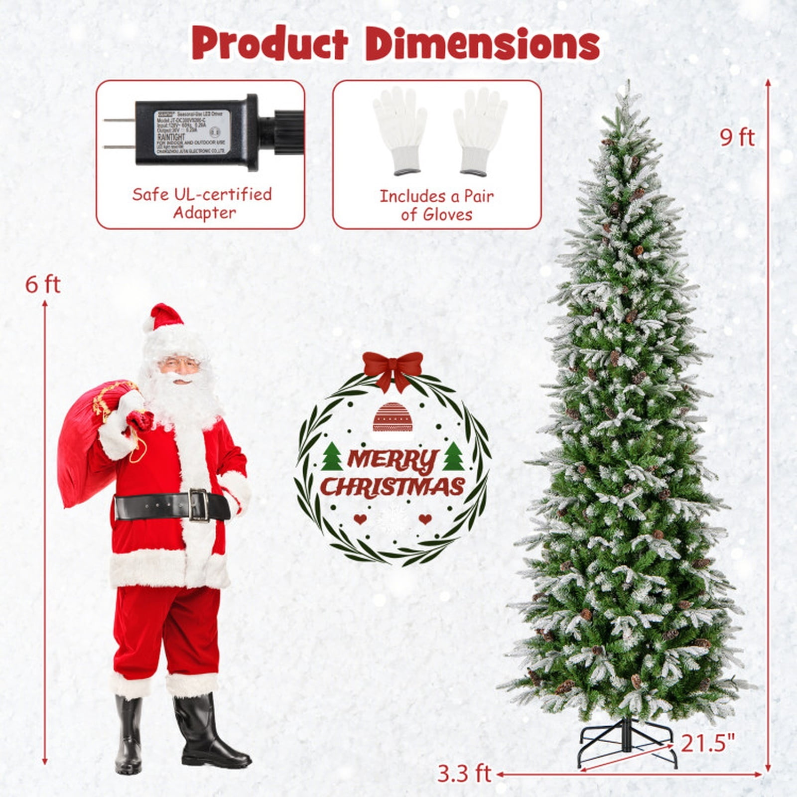 RUIE 9 ft Snow Flocked Christmas Tree, Tall Pre-Lit Green White Xmas Tree with 470 LED Lights, 1310 Branch Tips and 98 Pine Cones