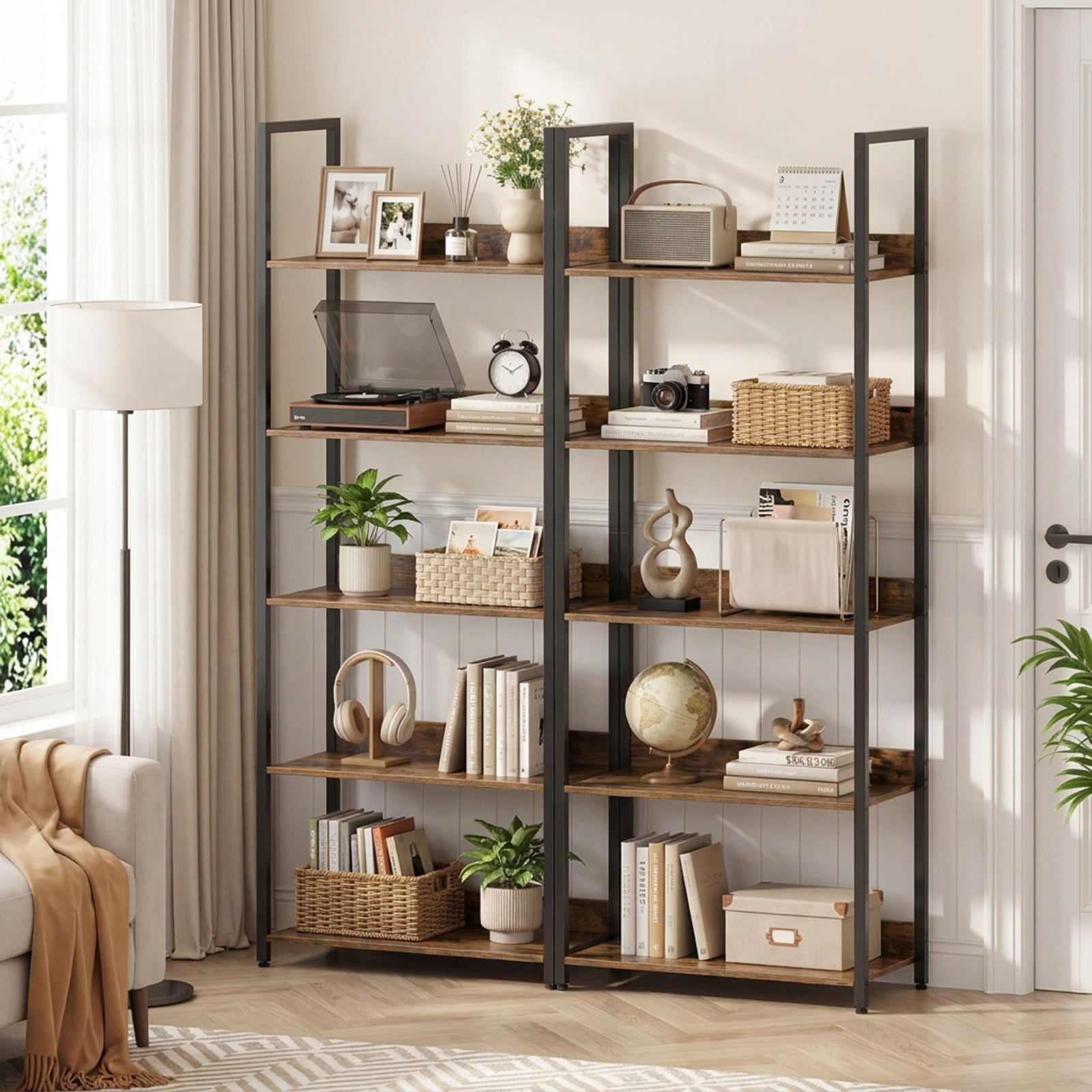Furnibear 5-Tier Bookshelf Tall Wooden Open Bookcase with Back Panels for Living Room Home Office Bedroom Display Storage Shelf, Oak