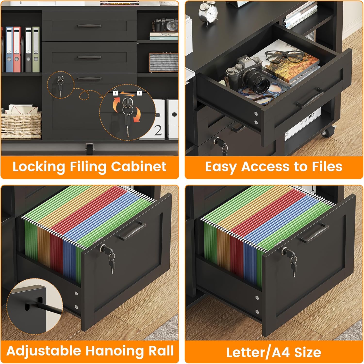 Semoic 3 Drawer Wood Lateral File Cabinet with Lock, Rolling Mobile Filing Cabinet with Open Storage Shelves, Printer Stand Office Storage Cabinet for Home Office Fits Files Legal/A4 Size, Black