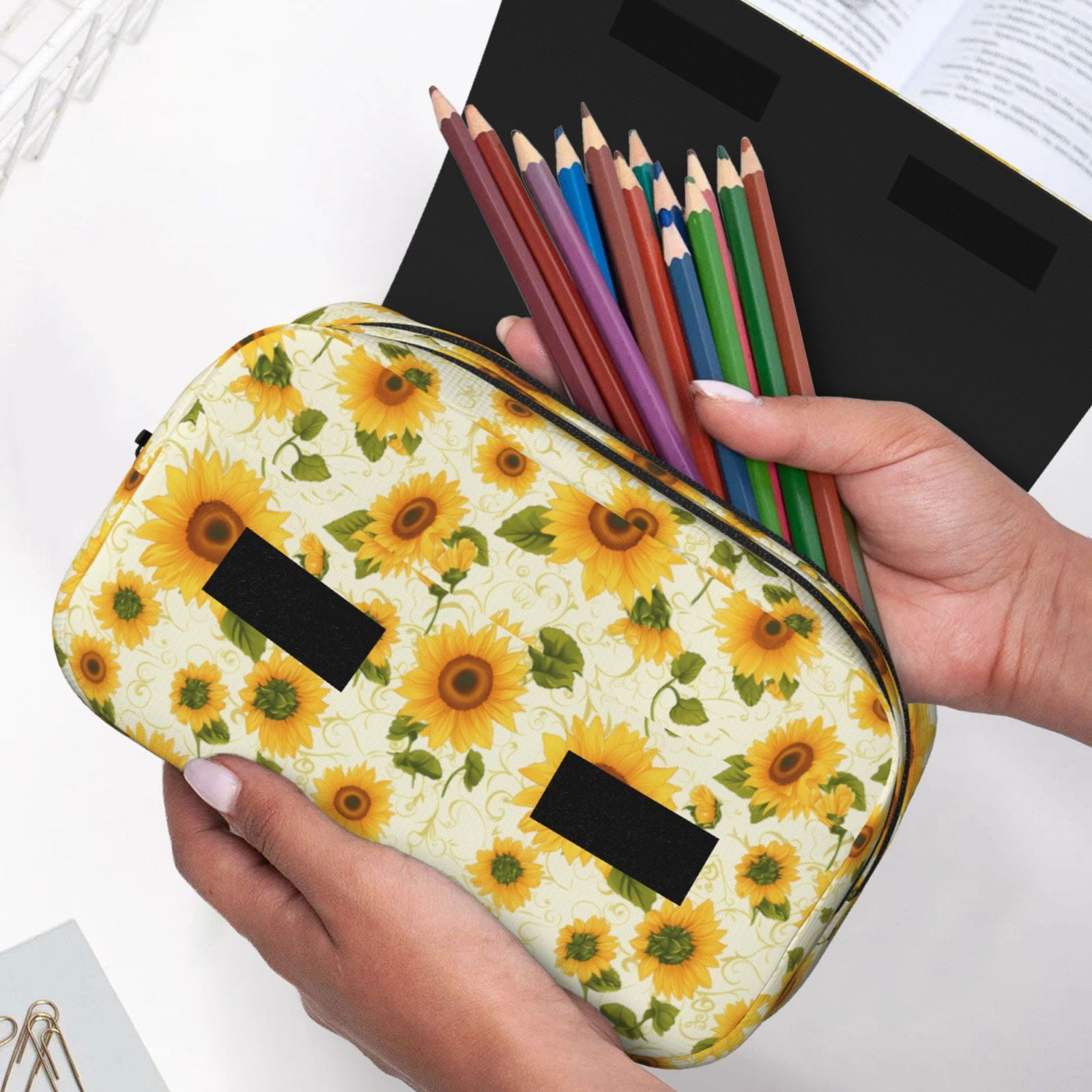 Rateoe European-style Pattern Sunflower Pattern Double Clamshell Pen Case, Storage Organizer with Two Zipper Compartments– Holds Up to 50 Pencils & Pens