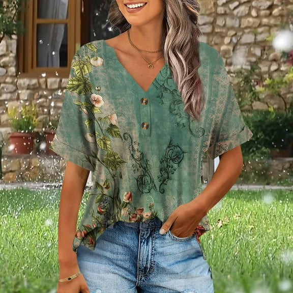 Xixinqiwan Women Tops,Womens Short Sleeve T Shirts V Neck Floral Printed Shirts Summer Casual Loose Fit Tops