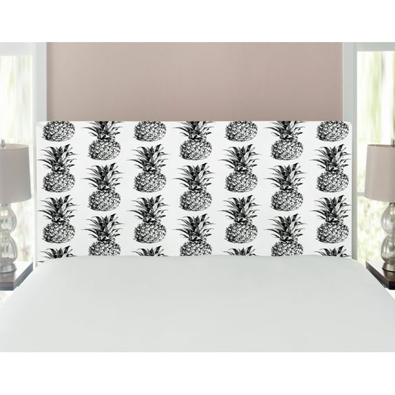 Pineapple Headboard, Hand Drawn Tropical Theme Vintage Style Pineapple Fruit Pattern, Upholstered Decorative Metal Bed Headboard with Memory Foam, Full Size, Black Grey White, by Ambesonne