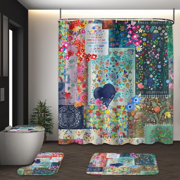 LVRLVR 1/4 Colorful Floral Patchwork & Kindness Affirmation Fabric Shower Curtain Rug Set - Bohemia Flower Bath Mat Bathroom Decoration,Multicolor, 70.8" × 70.8"
