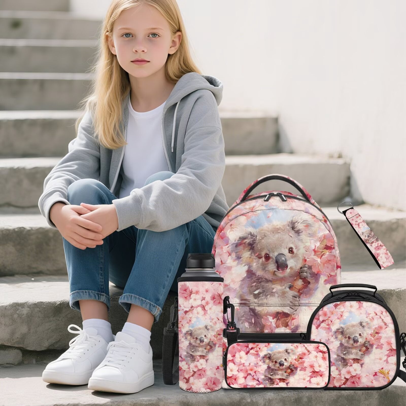 Pzuqiu Cherry Blossom Koala Kids Backpack School Bag Set with Lunch Box Pencil Case Water Bottle Bag 5 Piece Bookbags with Adjustable Shoulder Strap for Girls Teens