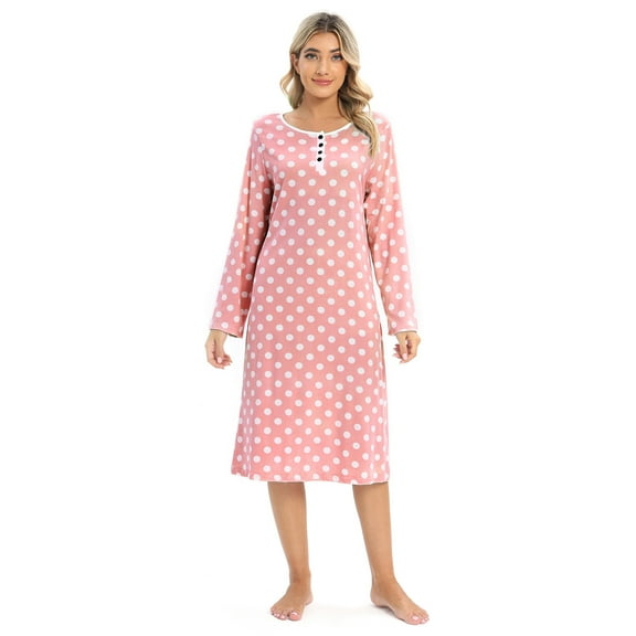 WBQ Women's Long Sleeve Polka Dot Nightgown Button Up Retro Nightshirt Over Knee Length Nightdress Casual Soft Sleep Dress Loungewear, S-2XL