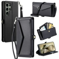 For Samsung Galaxy S26 Ultra 5G Wallet Phone Case-PU Leather Flip Cover with 3 Credit Card Slots,Hidden buckle Pocket & Detachable Shoulder Strap and Wrist Strap,Shockproof,Black
