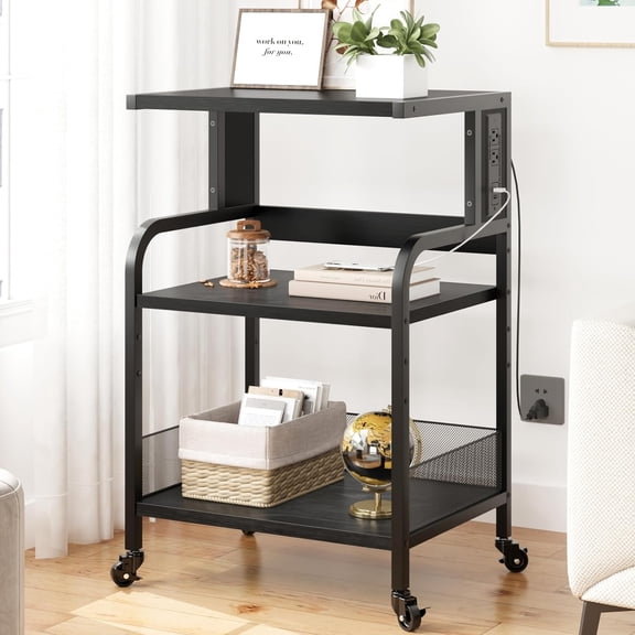 Garvee 3-Tier Large Printer Stand with Power Outlets & USB Ports, Industrial Rolling Printer Cart with Heavy Duty Metal Frame & Adjustable Shelf, with Storage & Lockable Wheels for Home Office, Black