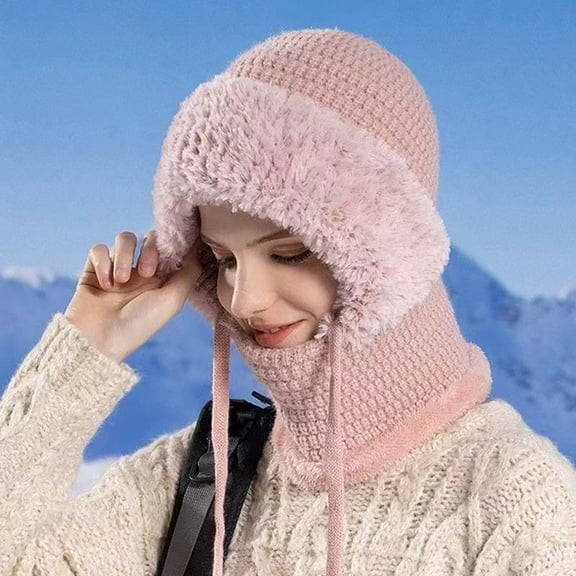 Winter Hat Scarf Set for Women, Knit Balaclava Ski Mask with Face Mask - Pink Warm Fleece Lined Beanie Hat with Pom Pom, Adjustable Drawstring Windproof Hooded Hat for Outdoor Sports Gift