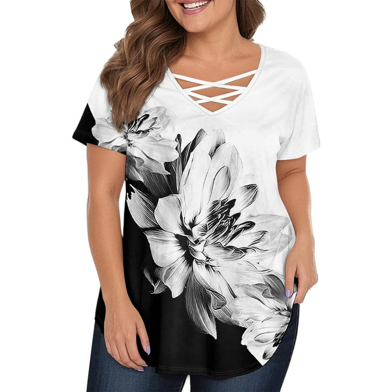 TrdSipl Plus Size Tops for Curvy Women Criss Cross V-Neck Tunic