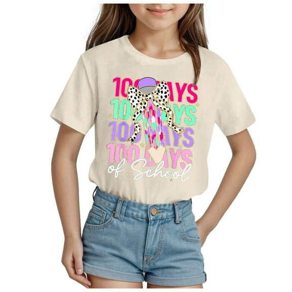 Girls Kids 100 Days Of School Print Crewneck Loose Short Sleeve Spring T-Shirts Soft Trendy T Shirt Boys 100 Days of School Shirt 8-10