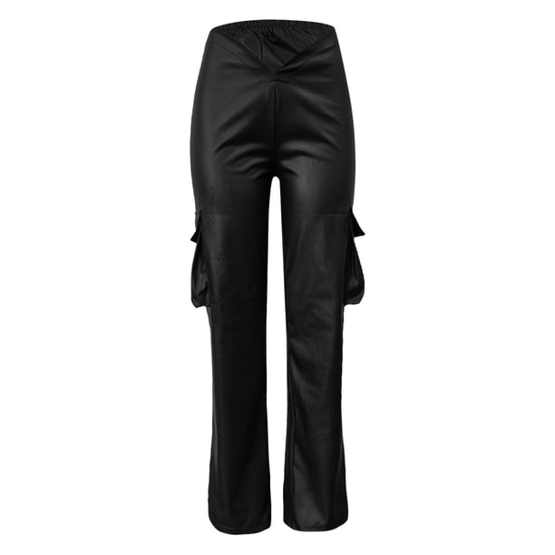 Gibobby pantalones de mezclilla mujer Pantalones de mujer Pantalones de cuero de trabajo casual Pantalones de cuero de bolsillo elásticos de moda (Negro, M)