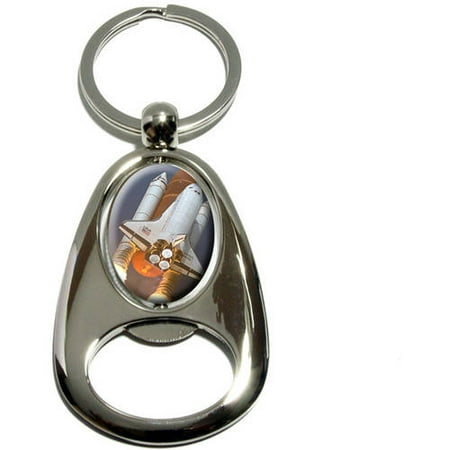 Space Shuttle Atlantis Launch, Chrome Plated Metal Spinning Oval Design Bottle Opener Keychain Key