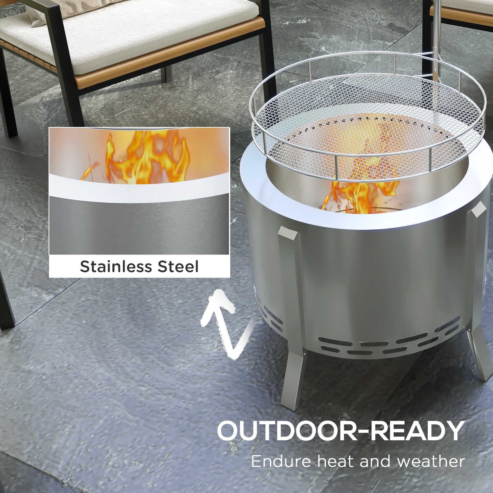 Aimee Lii 19" Portable Wood Burning Firepit with Cooking Grate and Poker, 2-in-1 Smokeless Fire Pit BBQ Grill, Low Smoke Camping Bonfire Stove for Backyard Patio Picnic, Silver
