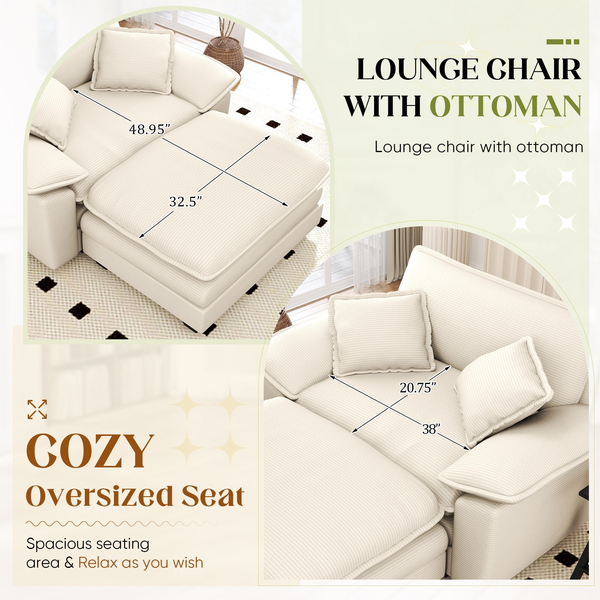 Lunale Oversized Lounge Chair & Ottoman Set - 48" Cloud Corduroy Accent Armchair for Modern Living/Bedroom, Beige Corduroy