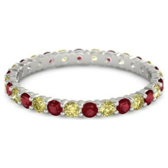 Ruby With Yellow Tourmaline Round 2.50 MM Eternity 925 Sterling Silver Women Stacking Ring Size US- 4