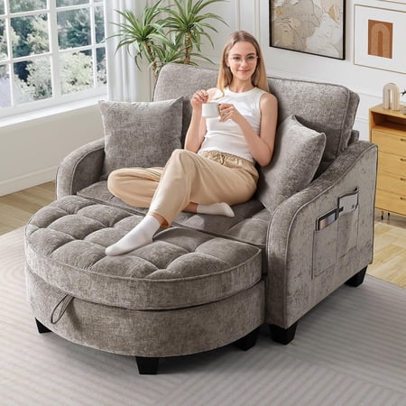 MOONMISS Oversized Chair and A Half, Chenille Tufting Accent Cozy Reading Sofa Chair with Storage Ottoman, Upholstered Loveseat Chaise Lounge Sofa with Adjustable Back for Living Room,Brown