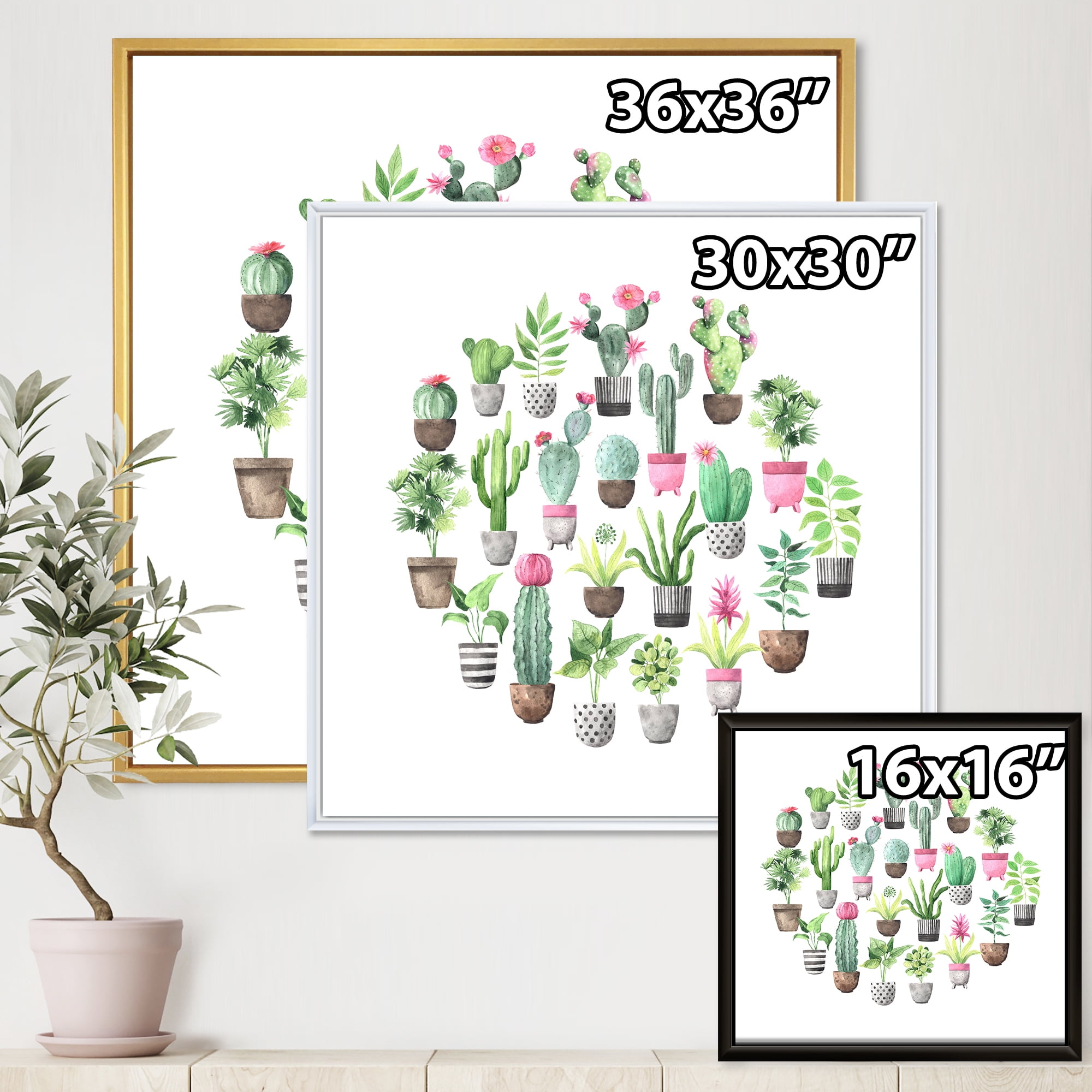 Designart 'Cactus In Ceramic Pots In Gentle Tones II' Traditional Framed Canvas Wall Art Print